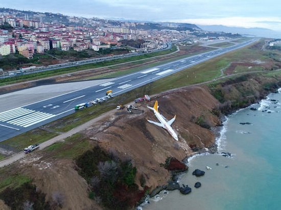 Опубликовано видео с самолетом, едва не выкатившимся в море в Турции (видео)