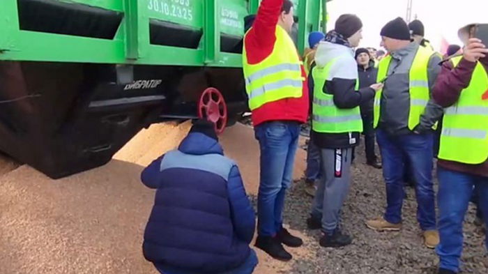 Поляки высыпали украинское зерно из вагона (видео)