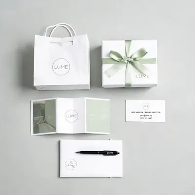 flat lay брендированных материалов для отдела продаж: визитки, буклеты